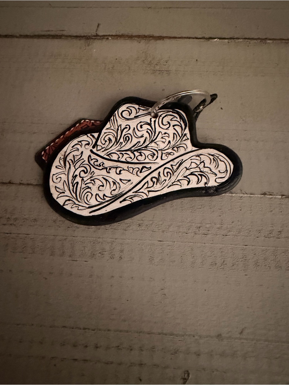 Dual Sided Cowboy Hat Keychain - White & Black Tooled Design & Cowhide